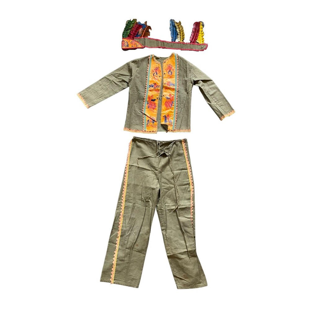 1940s Child’s “Indian” Halloween Costume w/ Feather Headdress & Jacket Pants Set